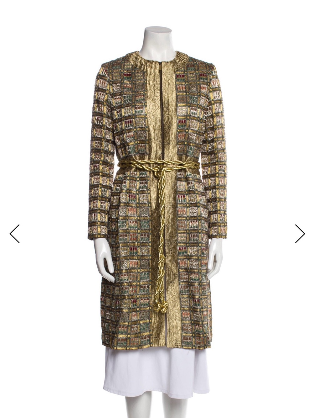 Oscar de la Renta Gold Multicolor Tweed Long Coat with Braided Belt